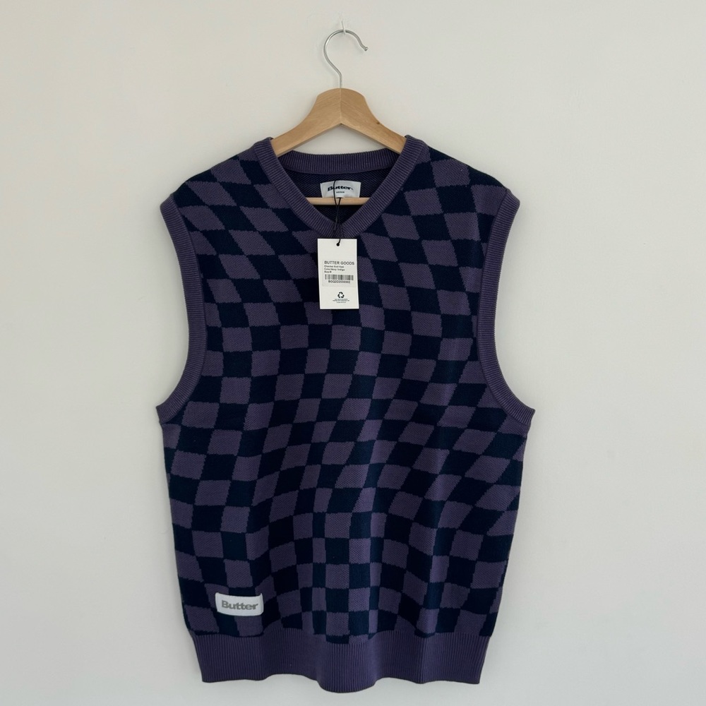 NWT Butter Goods Navy/Indigo Checkered Knit Vest